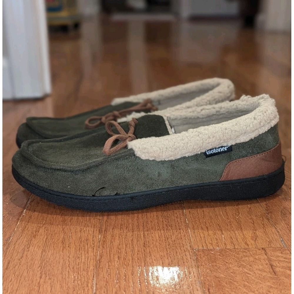 Cozy Cabincore Sherpa Lined Isotoner Moccasin Slippers Olive Green 10.5